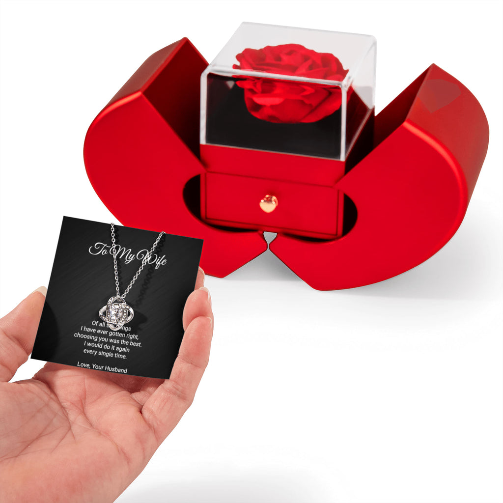 To My Wife Necklace with Red Rose Gift Box - Love Knot Pendant, Anniversary Gift From Husband
