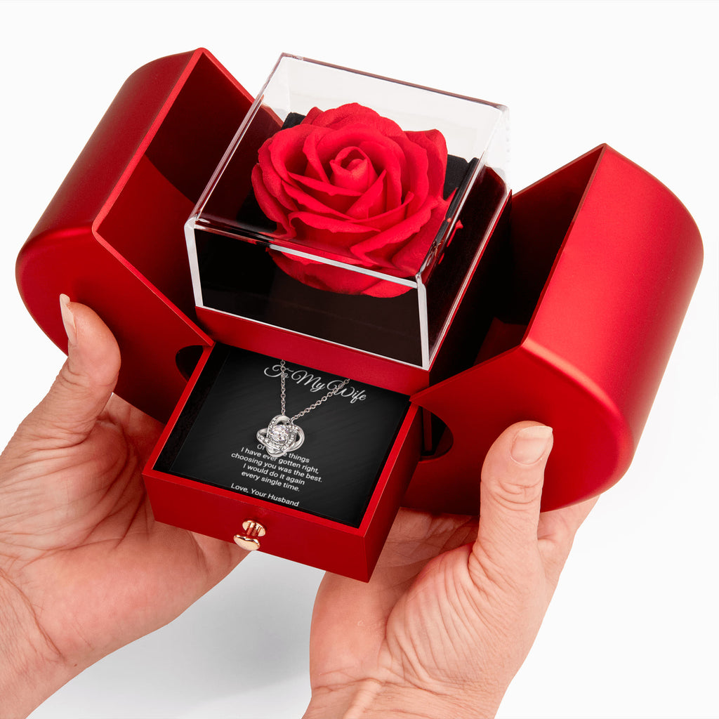 To My Wife Necklace with Red Rose Gift Box - Love Knot Pendant, Anniversary Gift From Husband